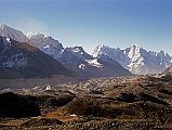 Gokyo 5 Scoundrels View 1 Nguzumpa Glacier, Cholatse, Taweche, Kangtega, Thamserku, Kusum Kanguru From Fourth Gokyo Lake From the fourth Gokyo Lake, I looked back down the Gokyo Valley at Nguzumpa Glacier, Cholatse, Taweche, Kangtega, Thamserku, and Kusum Kanguru in the early morning sun.
